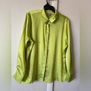 Satin Solid lime green long sleeve button down blouse for women size XL